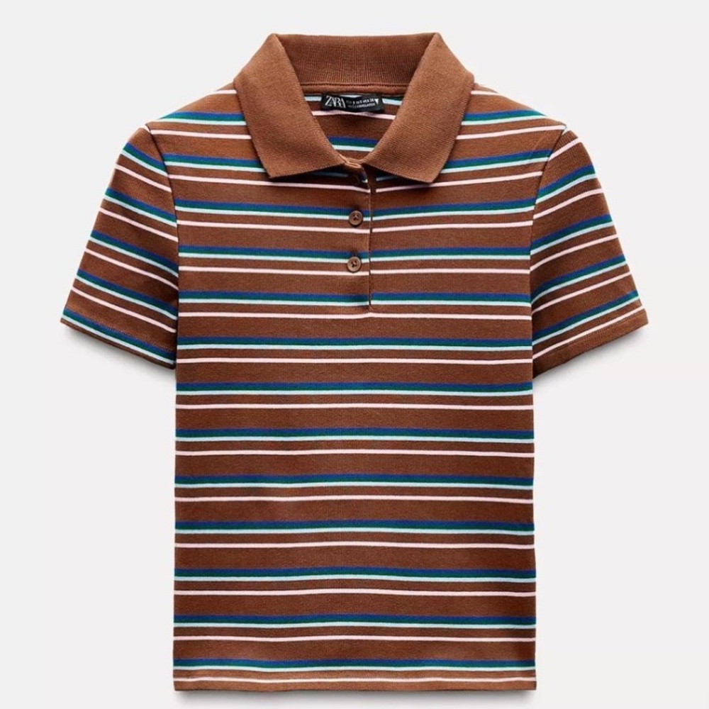 Zara Brown Striped Short Sleeve Polo